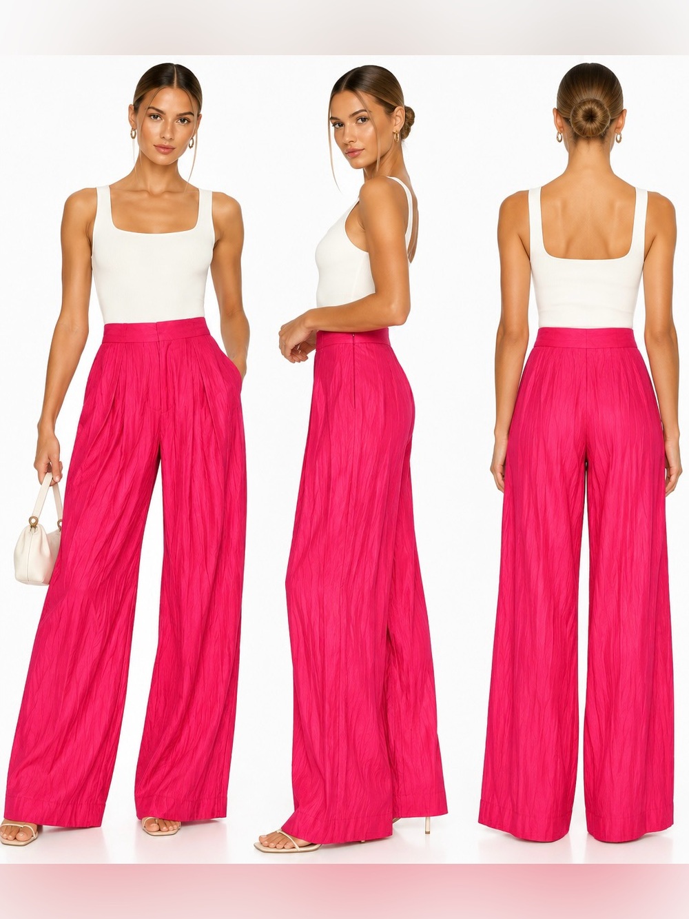 ZARA Pants Crinkle WIDE-LEG TROUSERS FUCHSIA PINK HIGH-WAIST